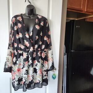 CHARLES RICHARDS Black Pink Floral Kimono Boho Cottagecore Romper Women XXL 2XL